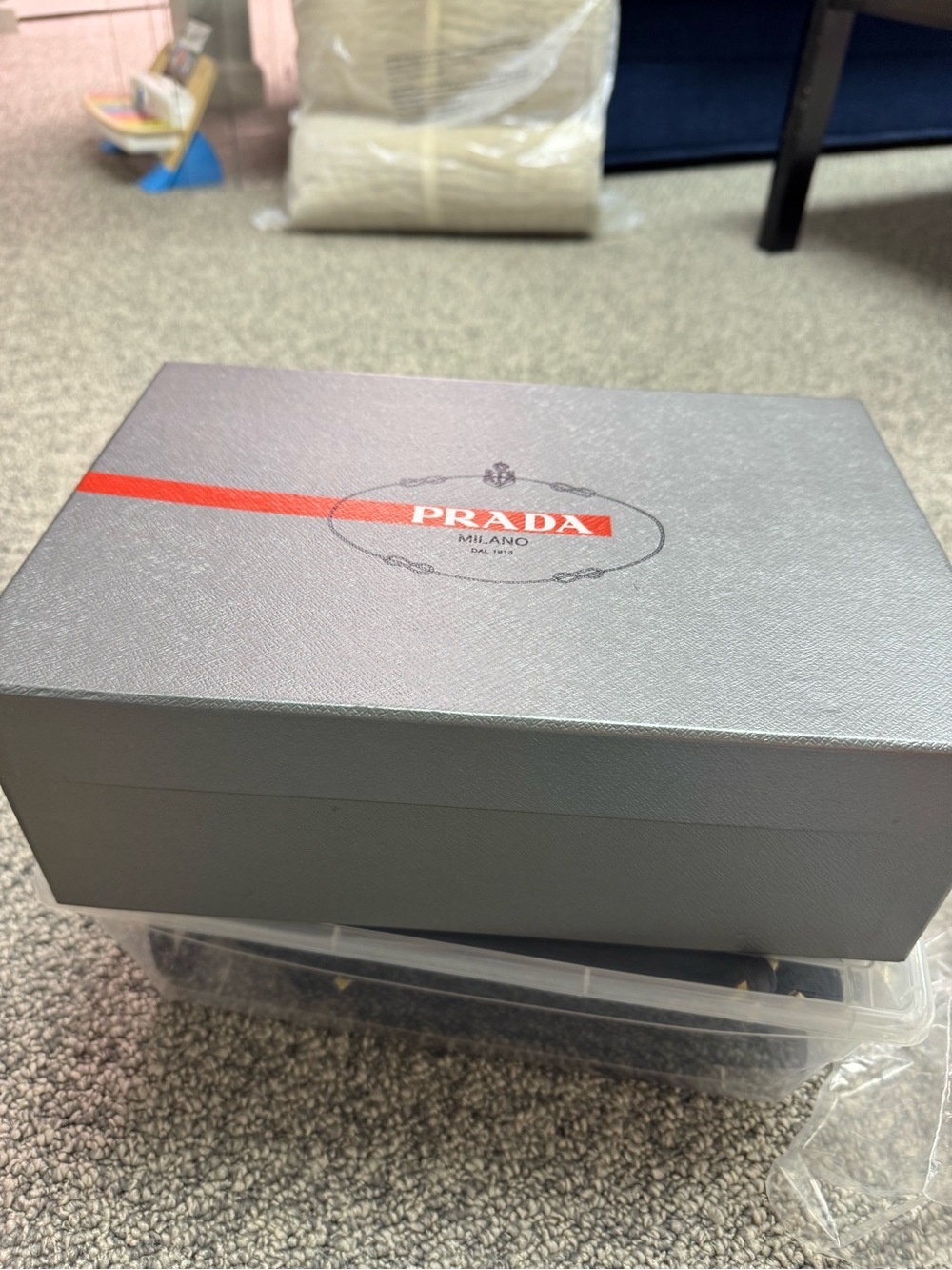Authentic Prada Gray Box with Red Stripe Logo